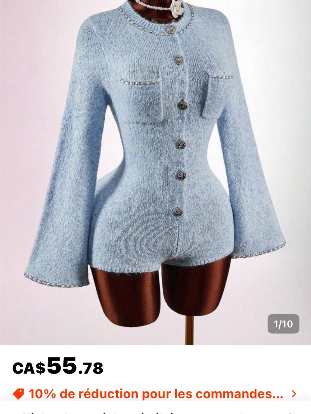 SHEIN Light Blue Knit Button-Front Romper Sweater